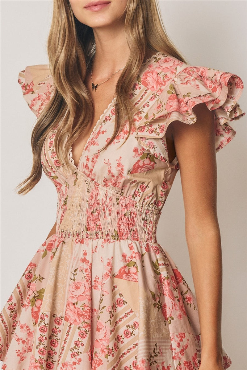 Short Flutter Ruffle Tiered Floral Patchwork Print Mini Dress Blush Pink