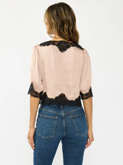 3/4 Sleeve Button Down Satin And Lace Trim Top Champagne