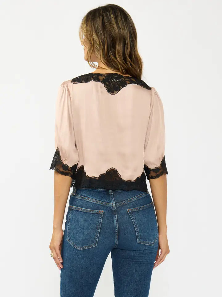 3/4 Sleeve Button Down Satin And Lace Trim Top Champagne