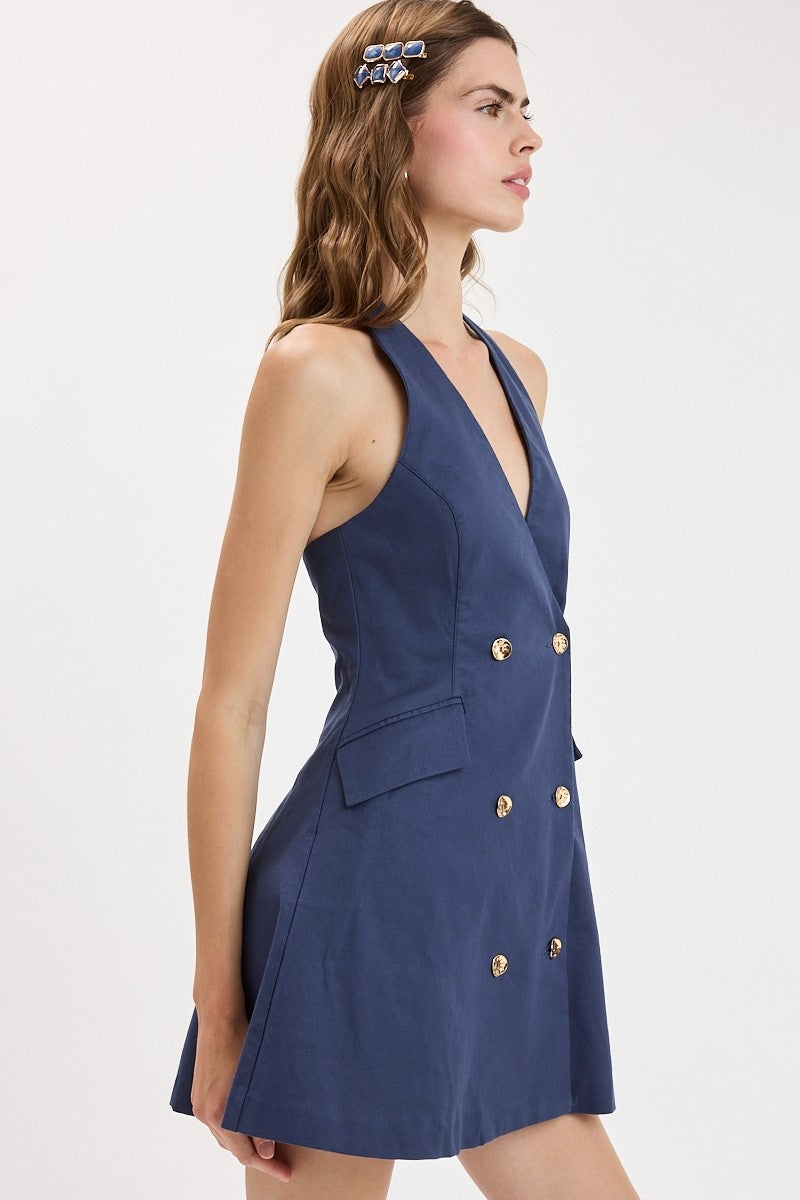 Sleeveless Halter Button Down Mini Dress Navy