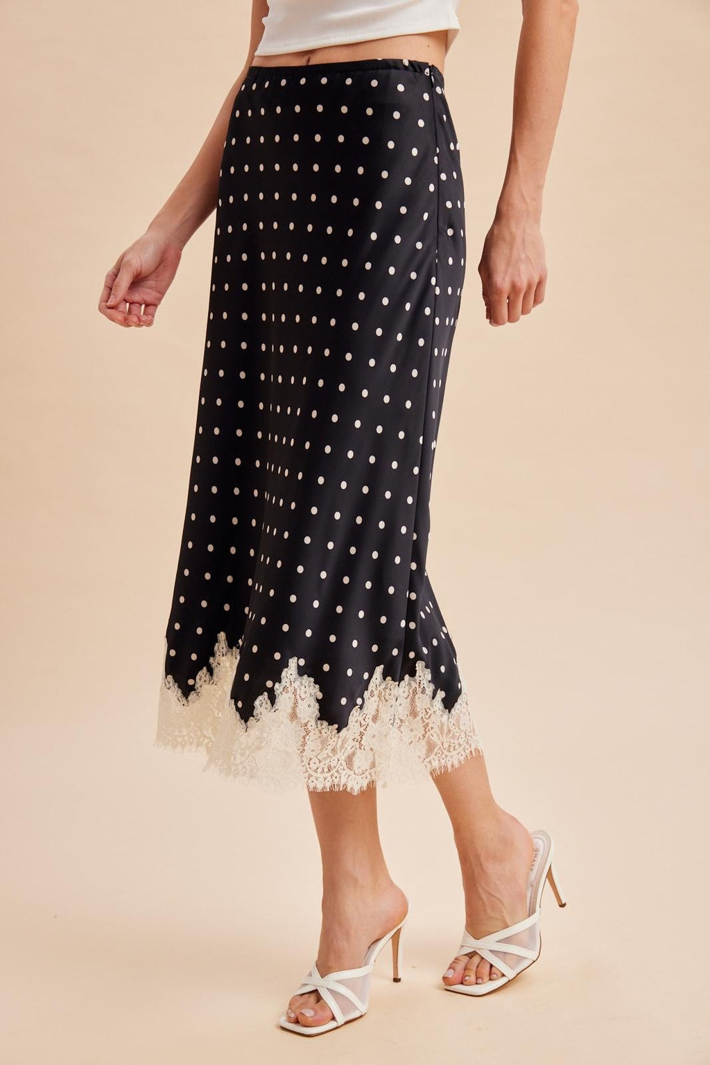 High Waist Satin And Lace Polka Dot Print Midi Skirt Black