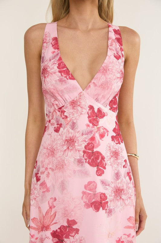 Sleeveless Open Back Tie Floral Print Maxi Dress Pink