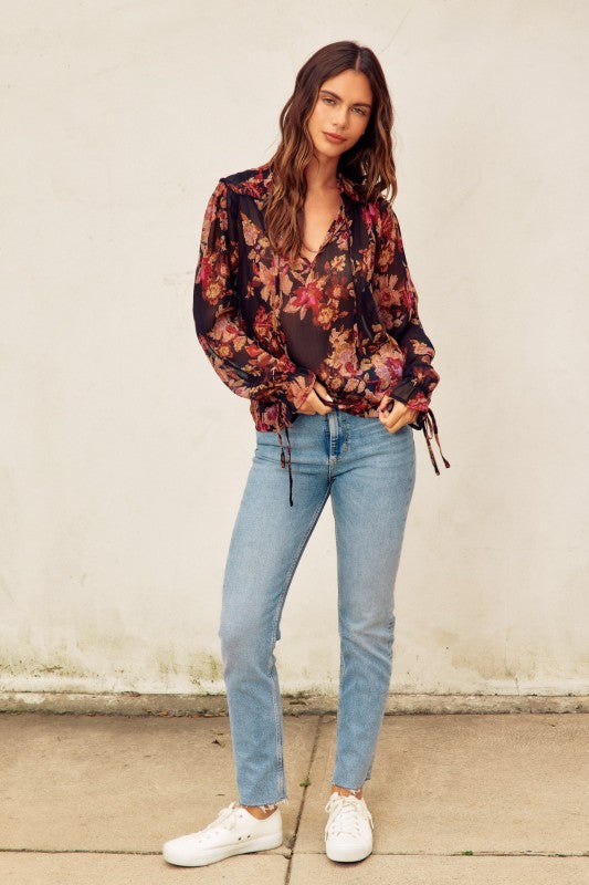 Long Sleeve Floral Print Top Black