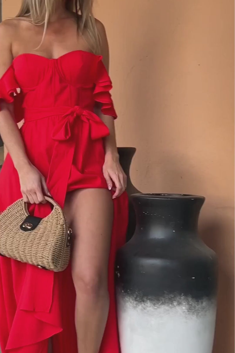 Flutter Sleeve Waist Tie Maxi Dress Red