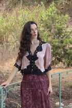 3/4 Sleeve Button Down Satin And Lace Trim Top Champagne