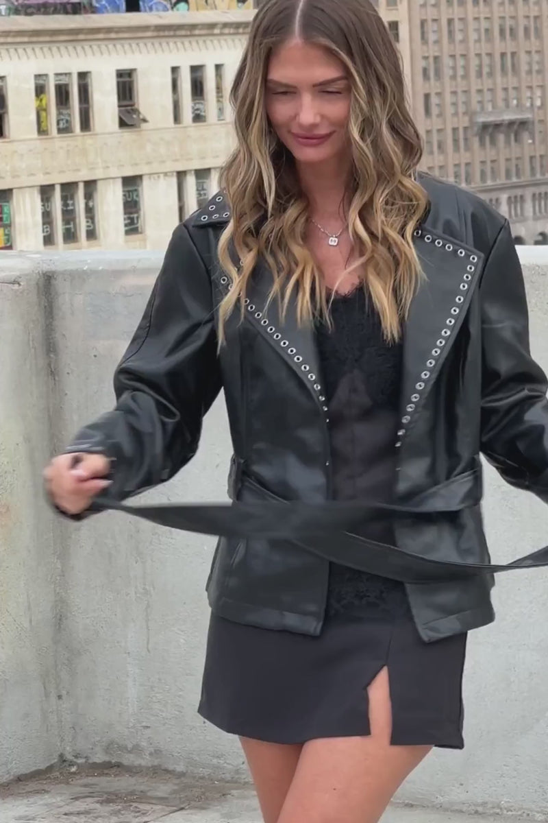  Long Sleeve Faux Leather Contemporary Studded Wrap Jacket Black