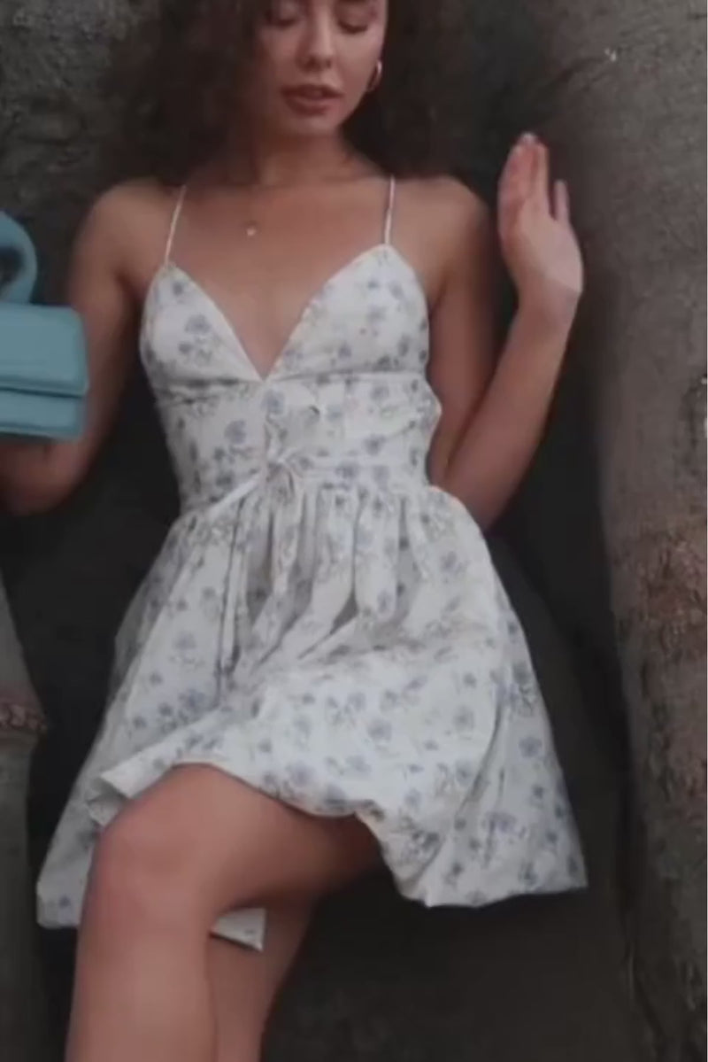 Sleeveless Open Back Floral Print Mini Dress Blue