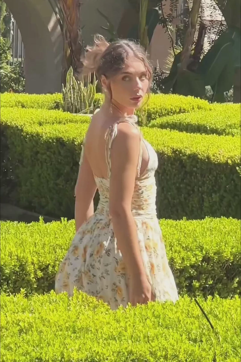 Sleeveless Shoulder Tie Floral Print Mini Dress Yellow
