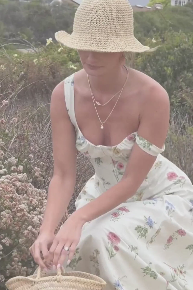 Sleeveless A-Line Floral Print Midi Dress Cream