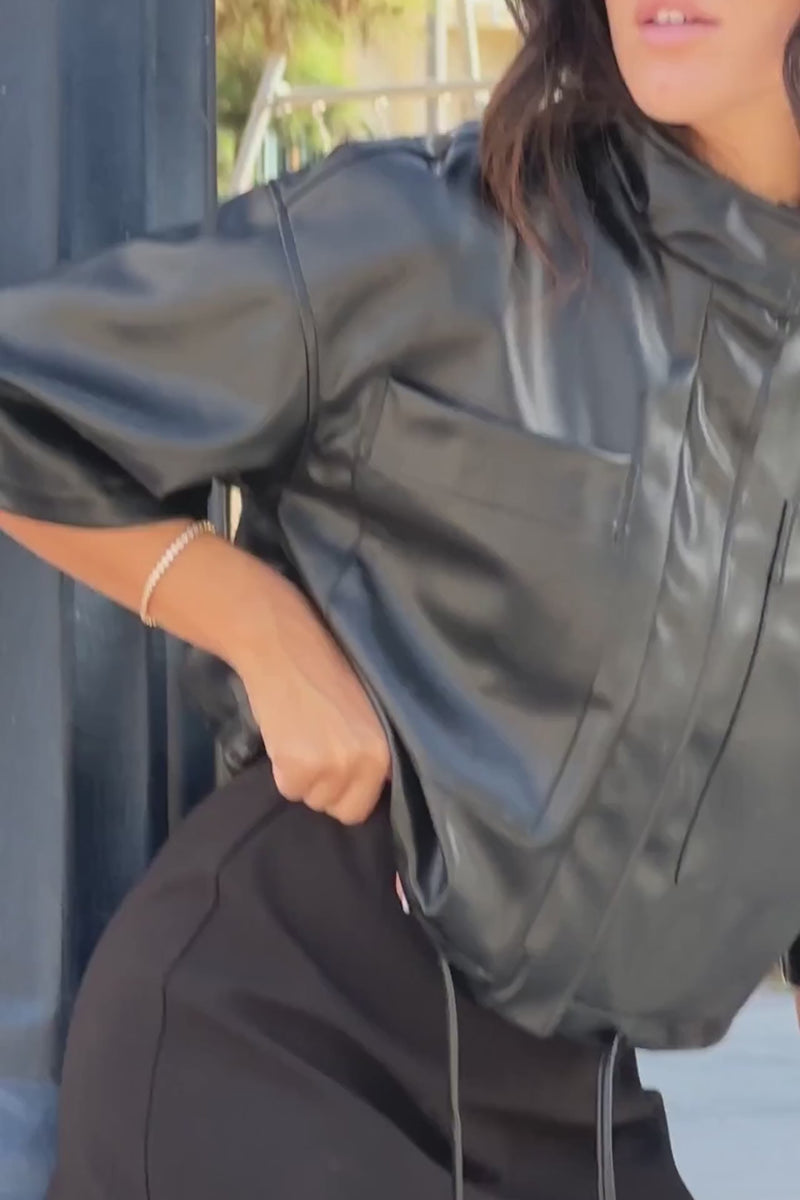Long Sleeve Zip Up Drawstring Faux Leather Jacket Black