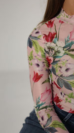 Brenda Long Sleeve Floral Print Mesh Top Pink
