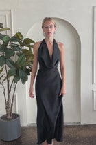 Sleeveless Halter Open Back Satin Maxi Dress Black