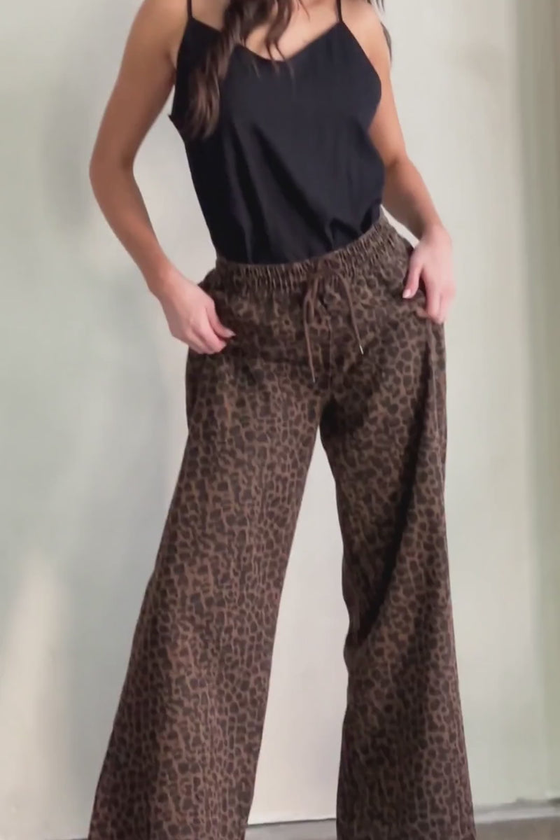 Drawstring Wide Leg Leopard Print Denim Pants Brown