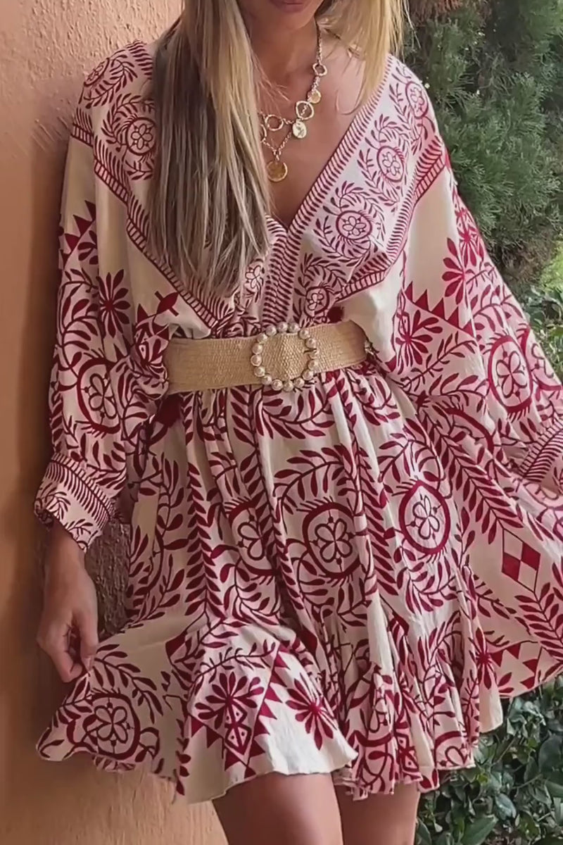 3/4 Dolman Sleeve Waist Tie Abstract Print Mini Dress Ivory