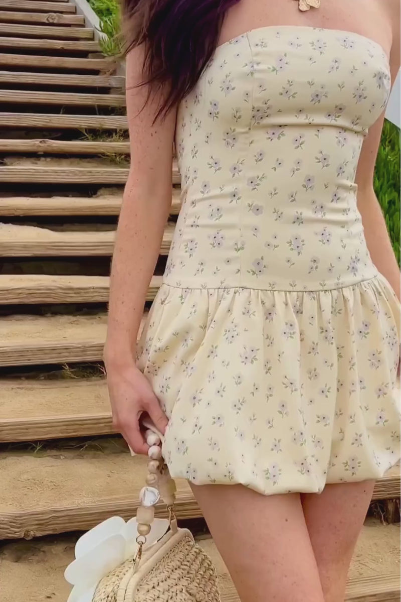 Sleeveless Floral Print Bubble Mini Dress Yellow