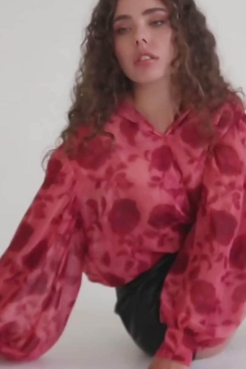  Long Sleeve Button Down Floral Print Top Red