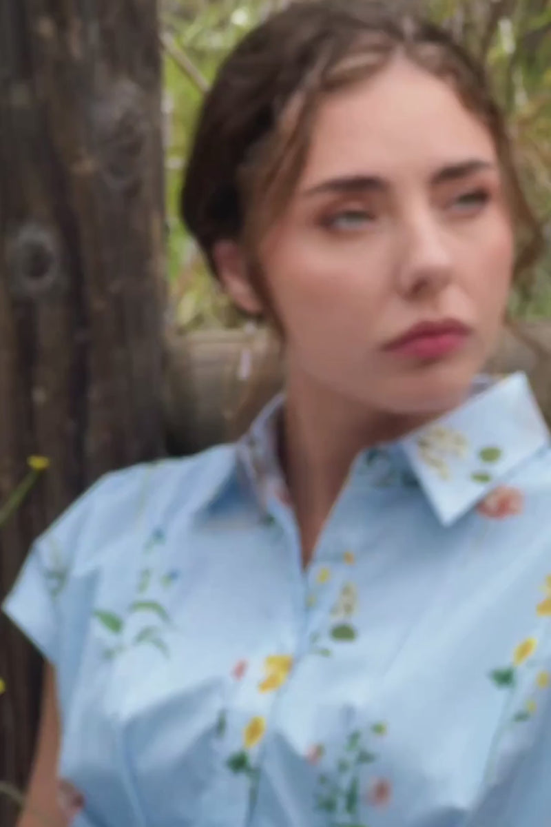 Sleeveless Button Down Floral Print Midi Dress Blue