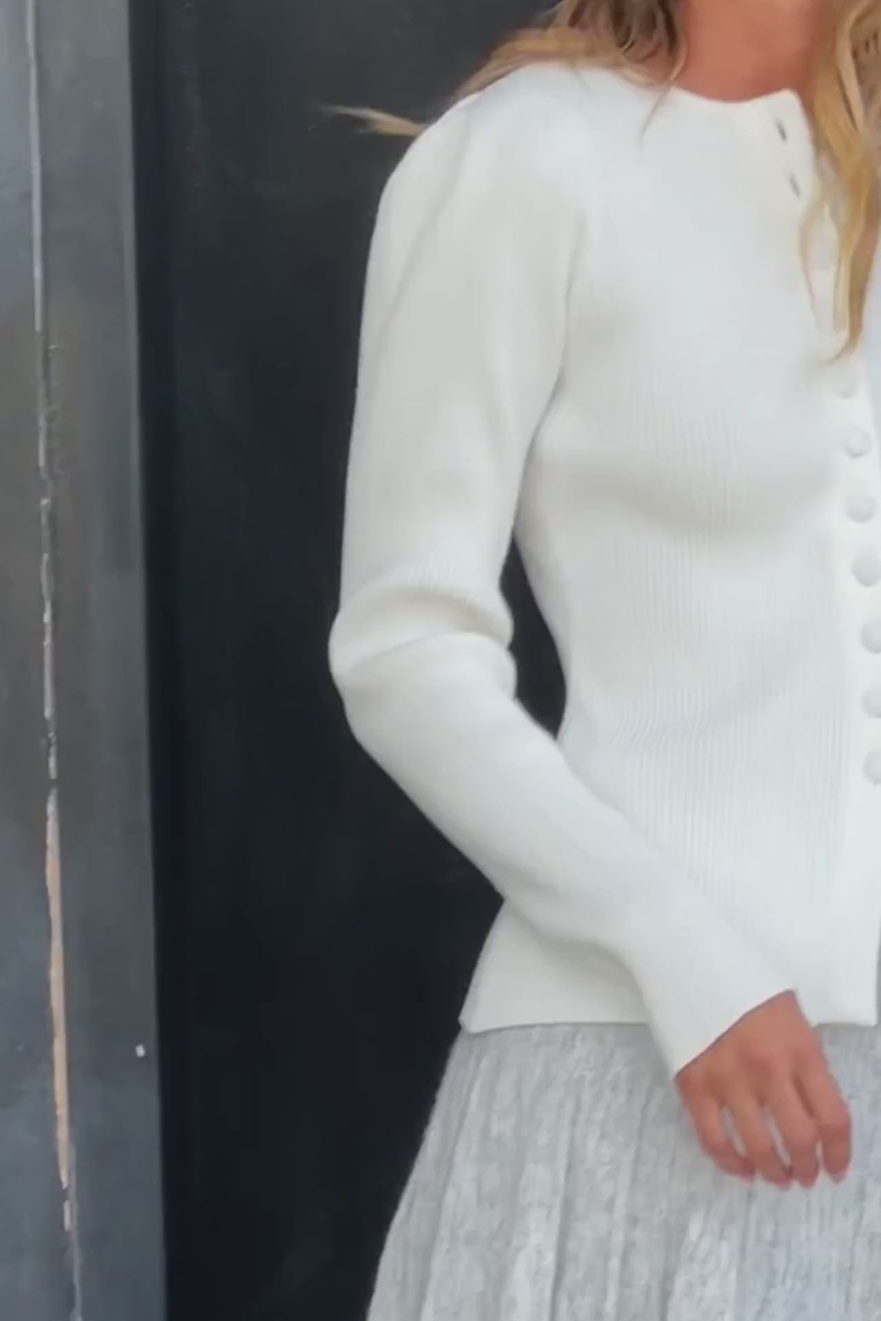  Long Sleeve Button Down Ribbed Knit Cardigan White