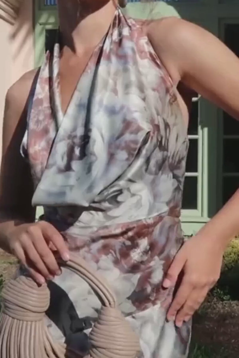 Sleeveless Halter Floral Print Maxi Dress Brown