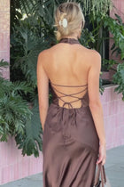 Sleeveless Halter Open Back Satin Maxi Dress Brown