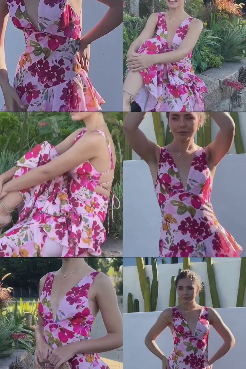 Sleeveless Open Back Tie Floral Print Maxi Dress Pink