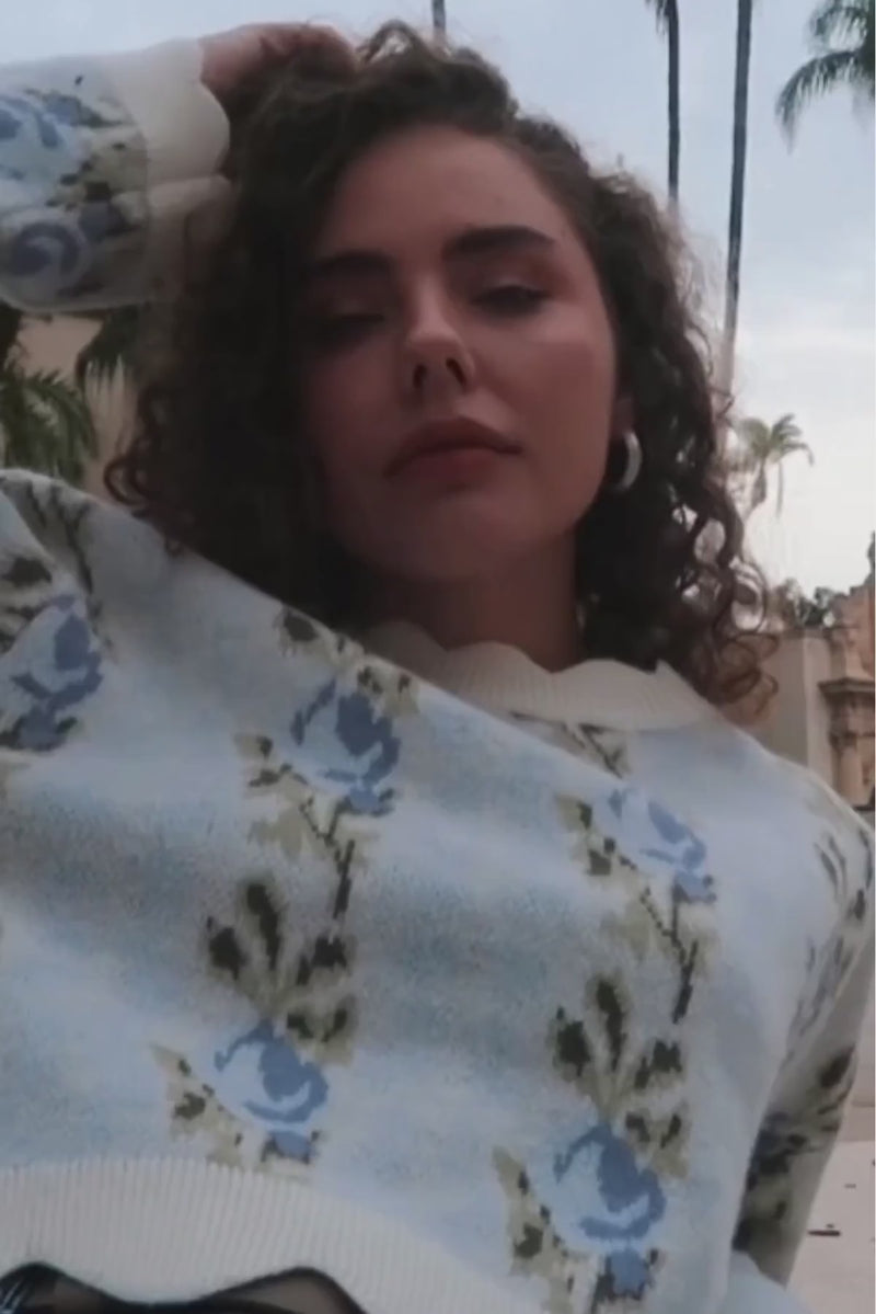 Long Sleeve Floral Embroidered Sweater Top Blue