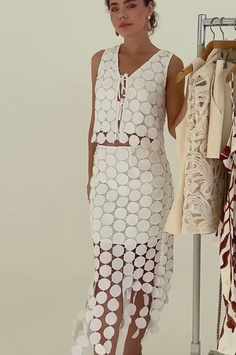 Sleeveless Front Tie Circle Crochet Top Ivory