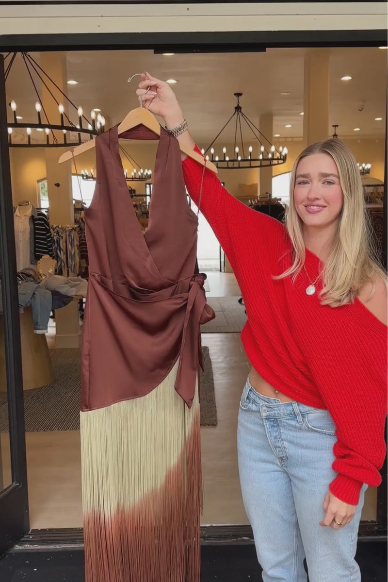 Sleeveless Halter Ombre Fringe Wrap Satin Maxi Dress Brown
