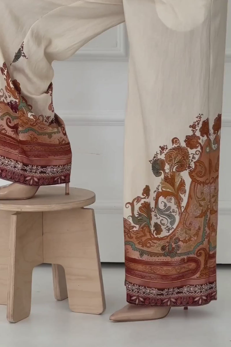 Sleeveless Halter Back Tie Top And Wide Leg Abstract Print Pants Set Natural