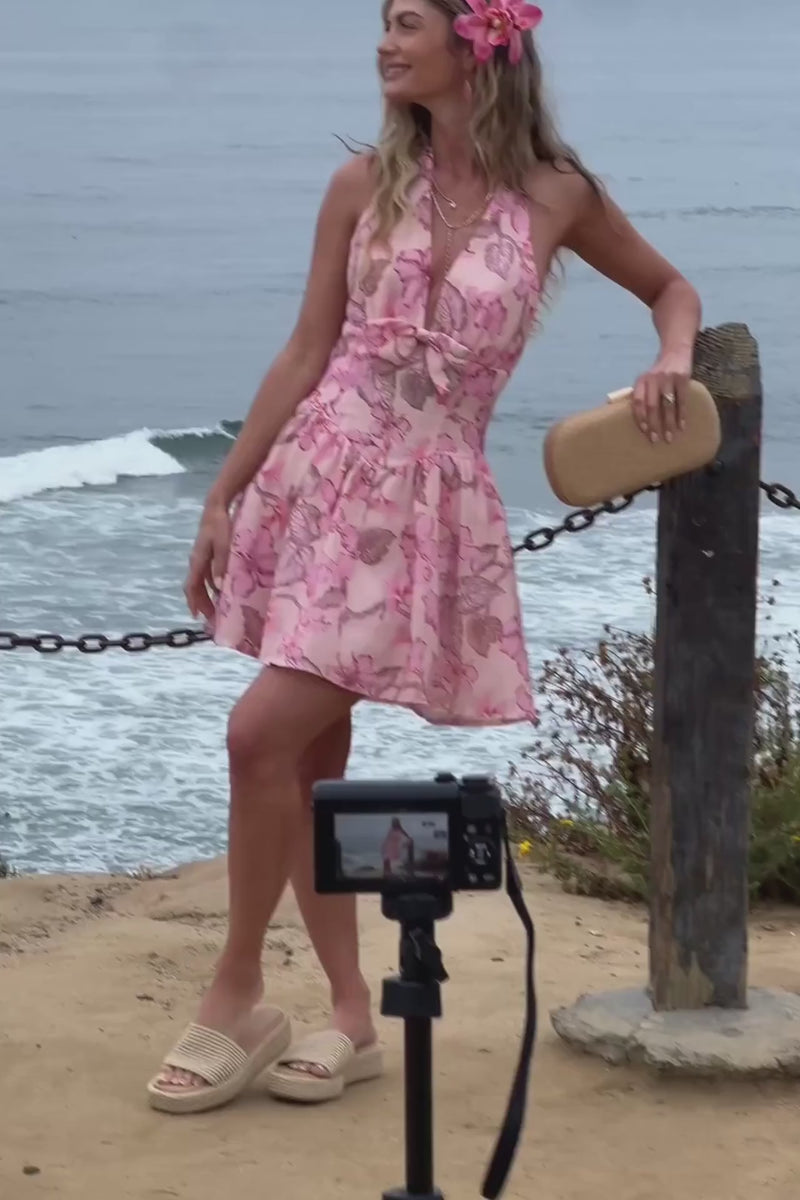 Sleeveless Halter Floral Print Mini Dress Pink