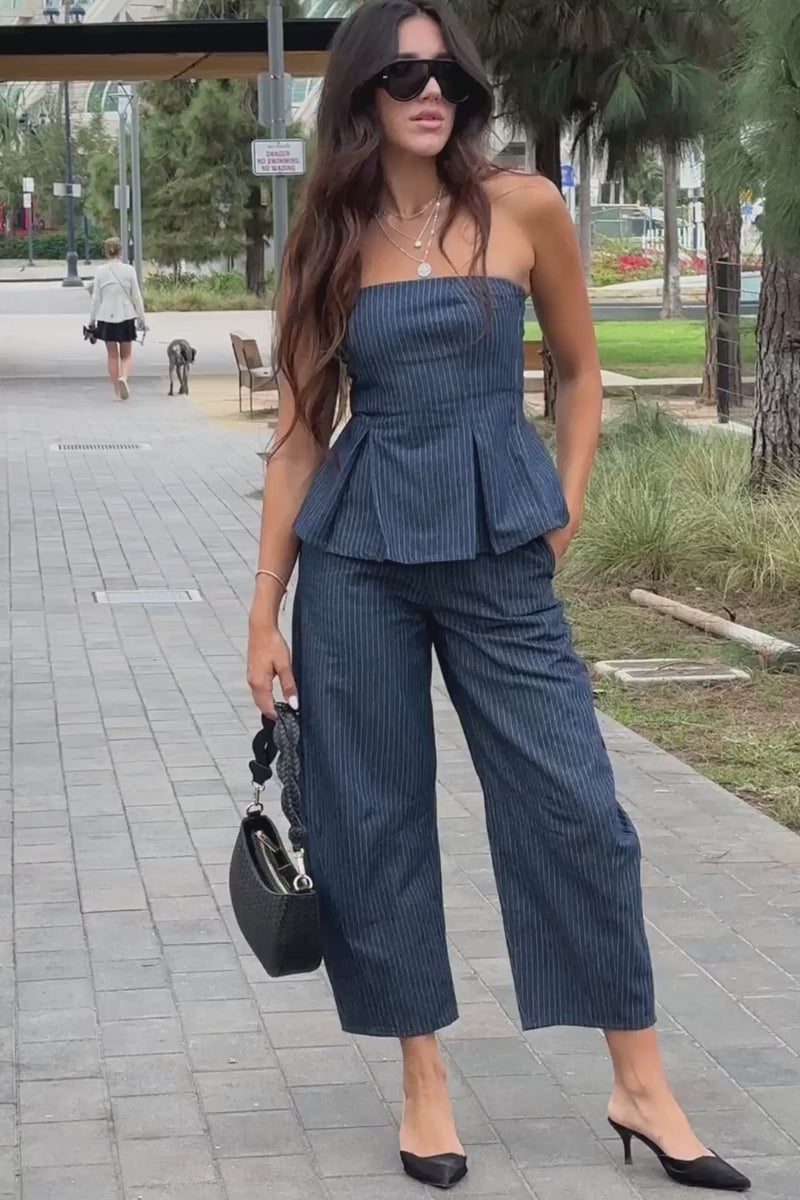 Sleeveless Peplum Top And Wide Leg Denim Barrel Pants Stripe Print Set Dark Wash