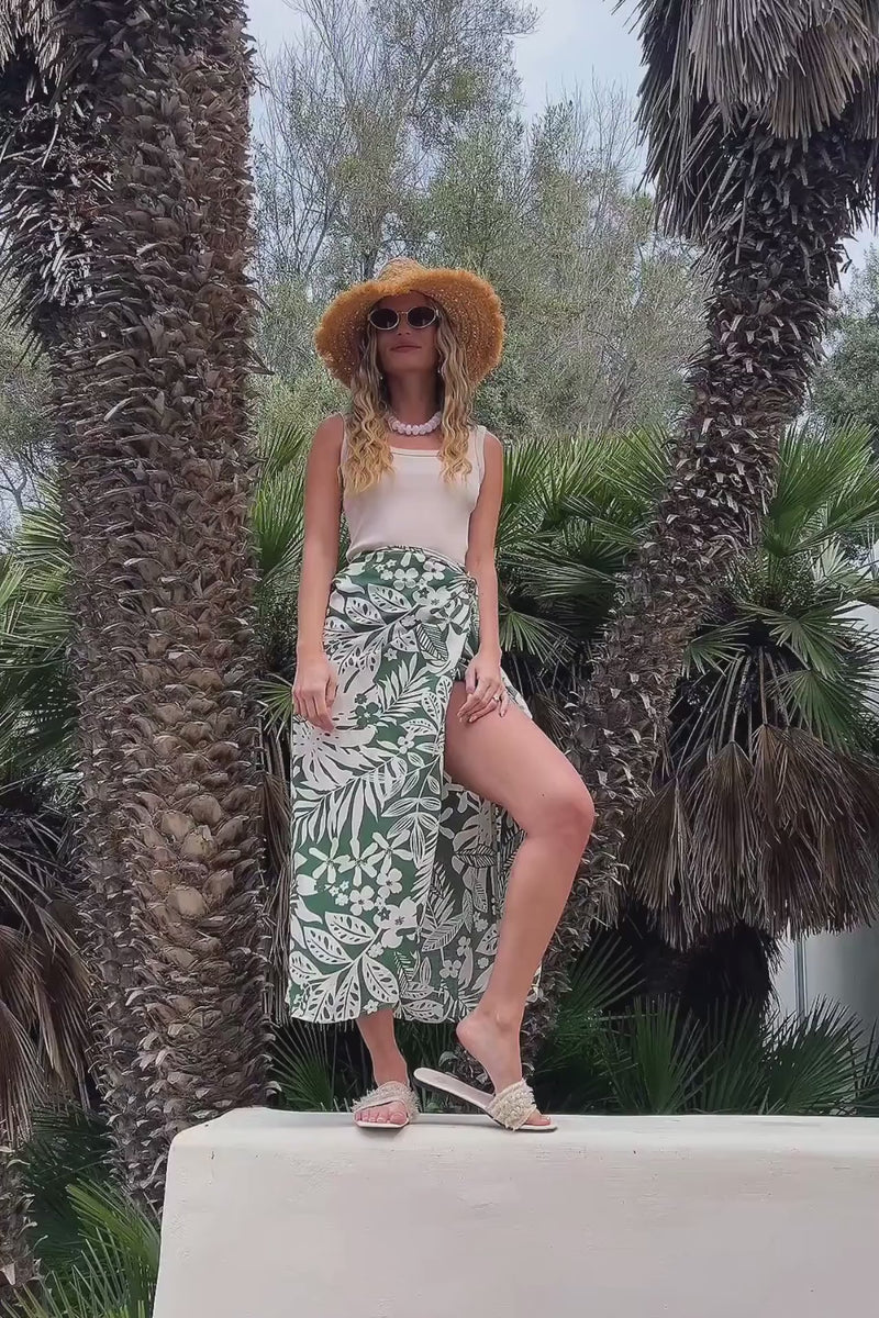 High Waist Tropical Print Wrap Midi Skirt Green