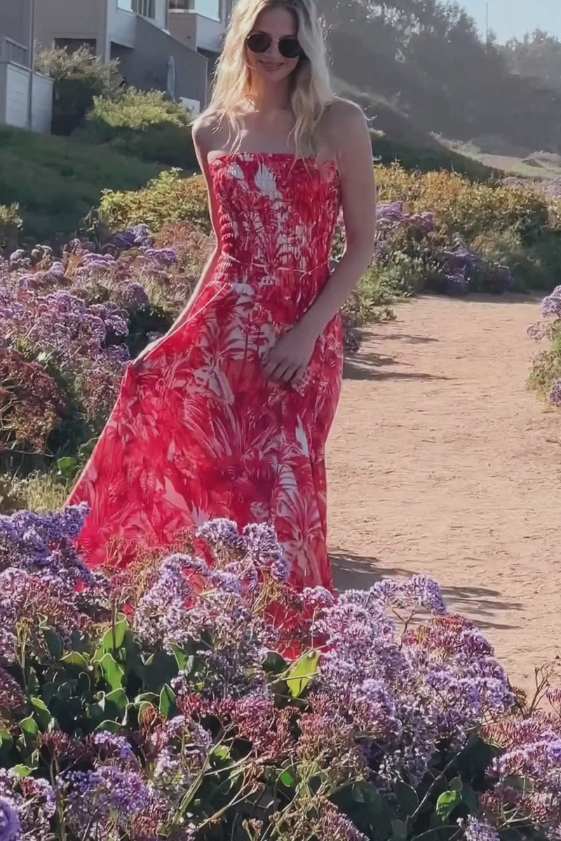 Sleeveless Tropical Print Maxi Dress Red