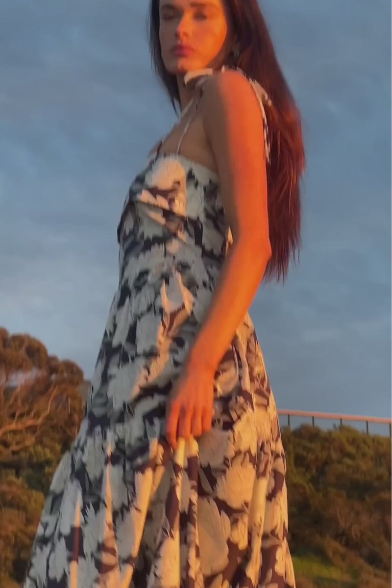 Sleeveless Shoulder Tie Floral Print Maxi Dress Navy