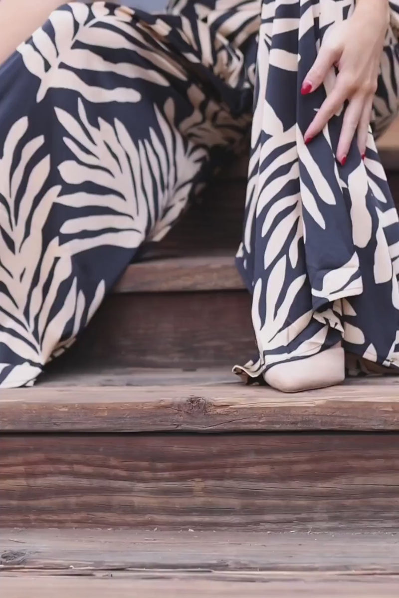 Sleeveless Back Tie Tropical Print Wide Leg Jumpsuit Black