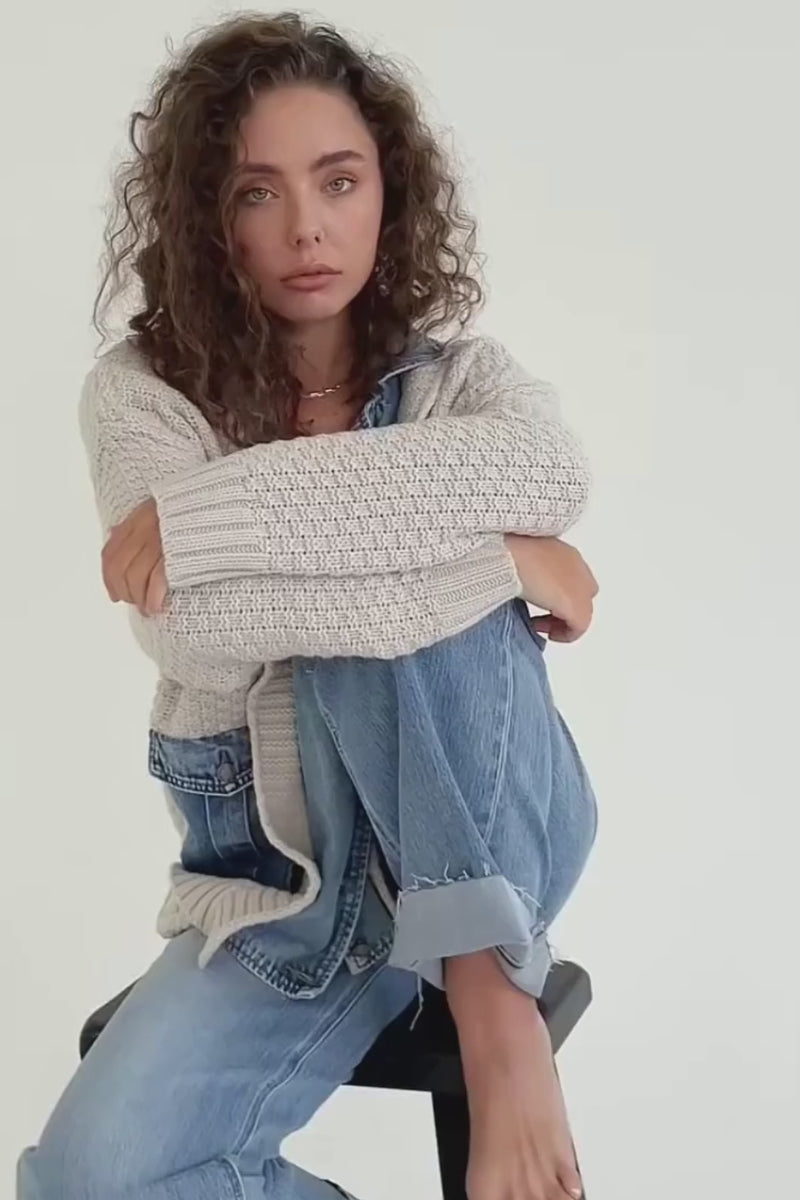 Long Sleeve Cable Knit Denim Trim Shacket Cream