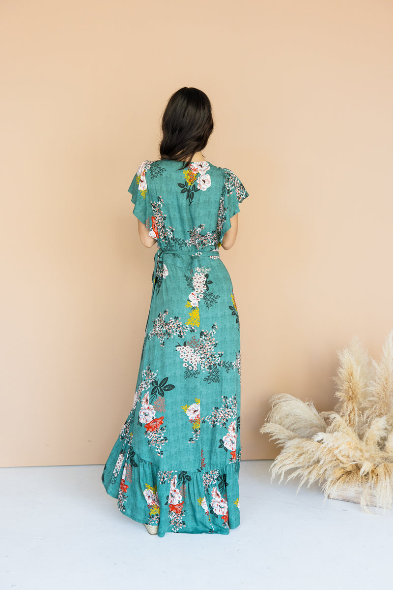 Floral Print High Low Wrap Maxi Dress Sage