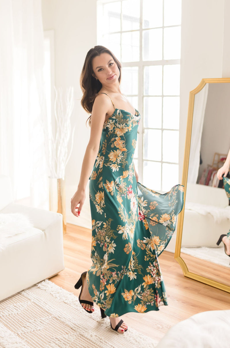  Sleeveless Floral Print Satin Midi Dress Emerald