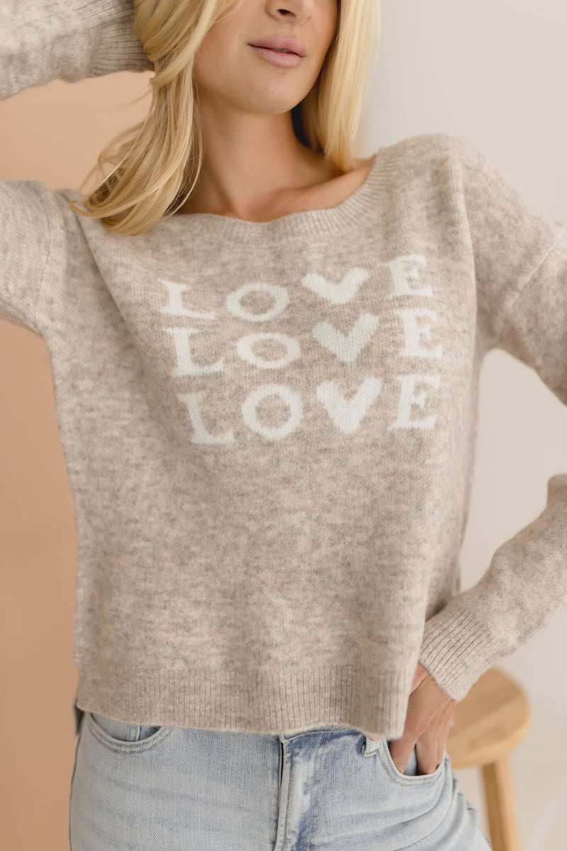 Crew Neck Love Print Sweater Taupe