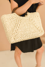 Wooden Handle Textured Straw Tote Ivory