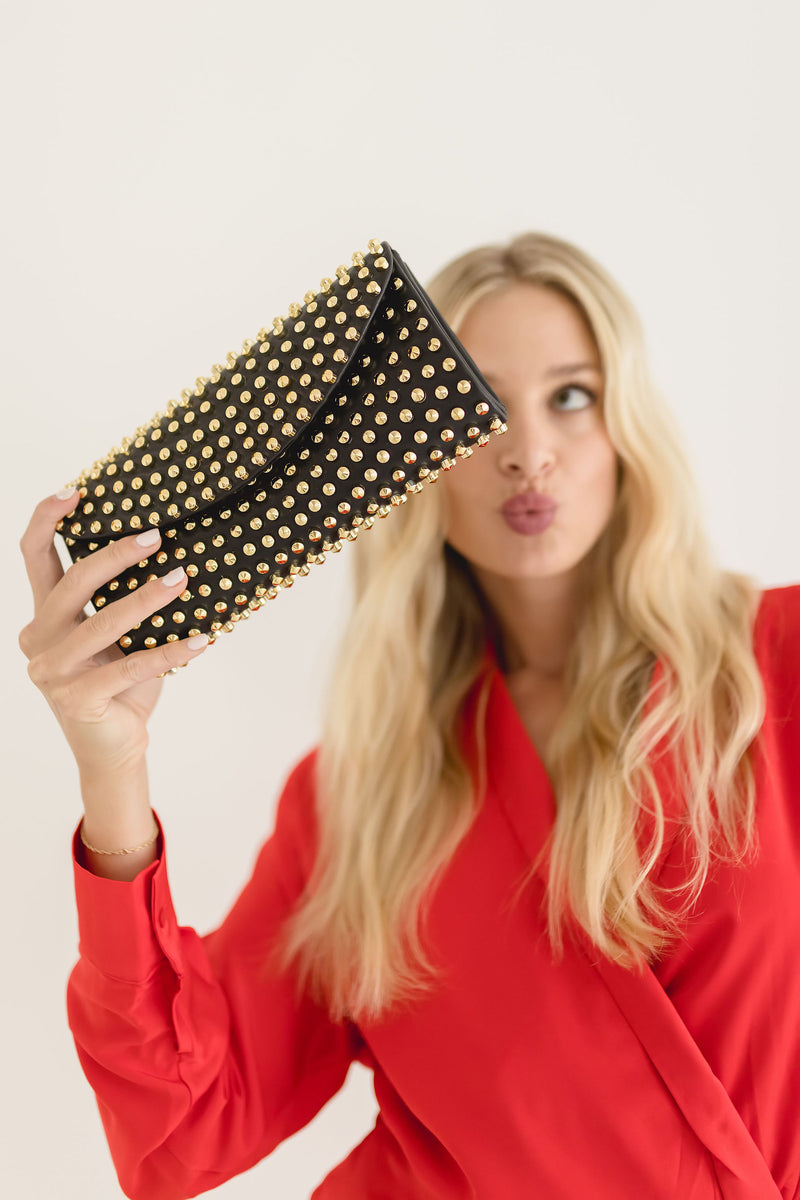  Faux Leather Studded Clutch Black