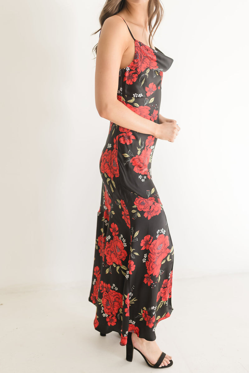 Sleeveless Cowl Neck Floral Print Maxi Dress Black