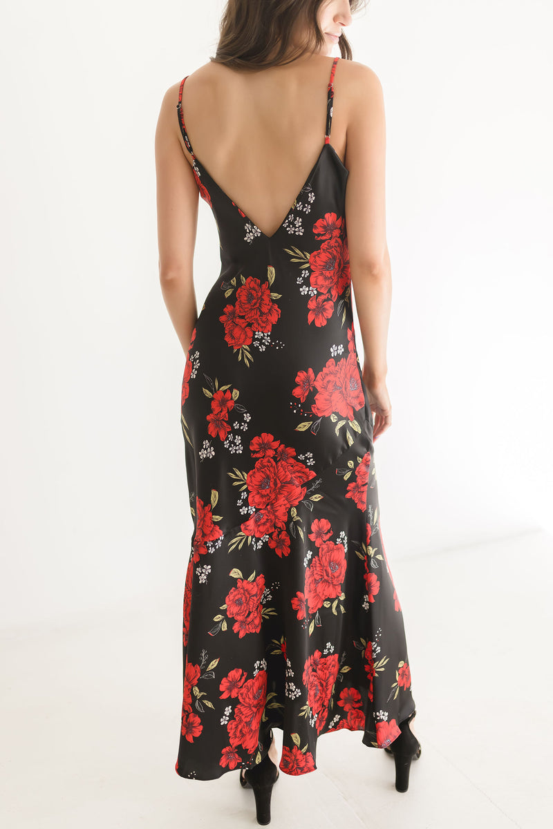  Sleeveless Cowl Neck Floral Print Maxi Dress Black