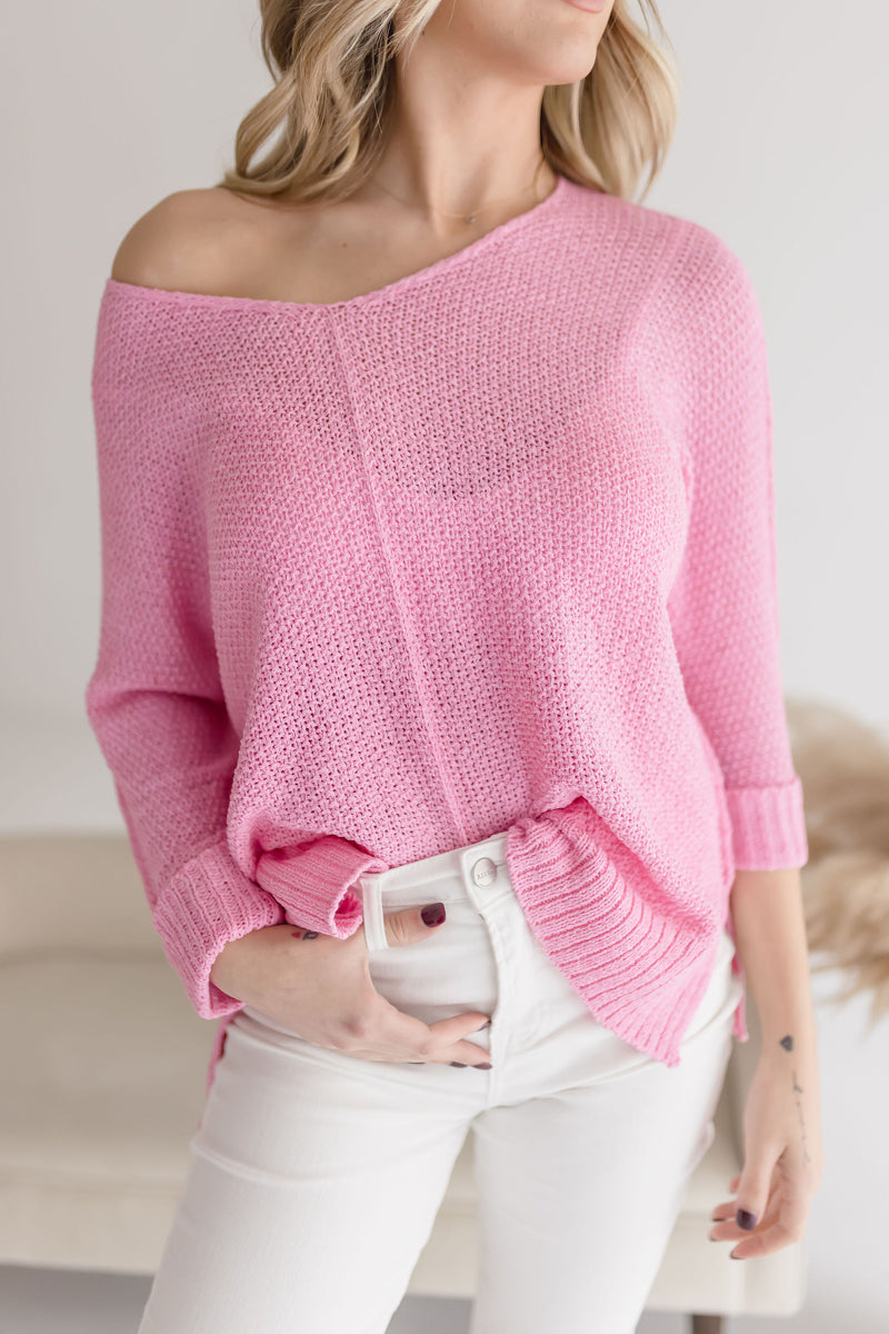 Scoop Neck Knit Sweater Top Pink